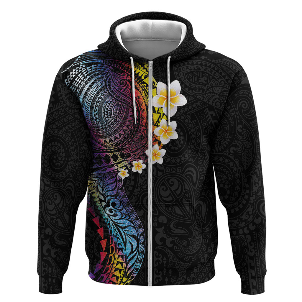Hawaiian Tribal Tattoo and Plumeria Zip Hoodie Polynesian Pattern Rainbow