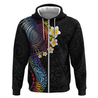 Hawaiian Tribal Tattoo and Plumeria Zip Hoodie Polynesian Pattern Rainbow