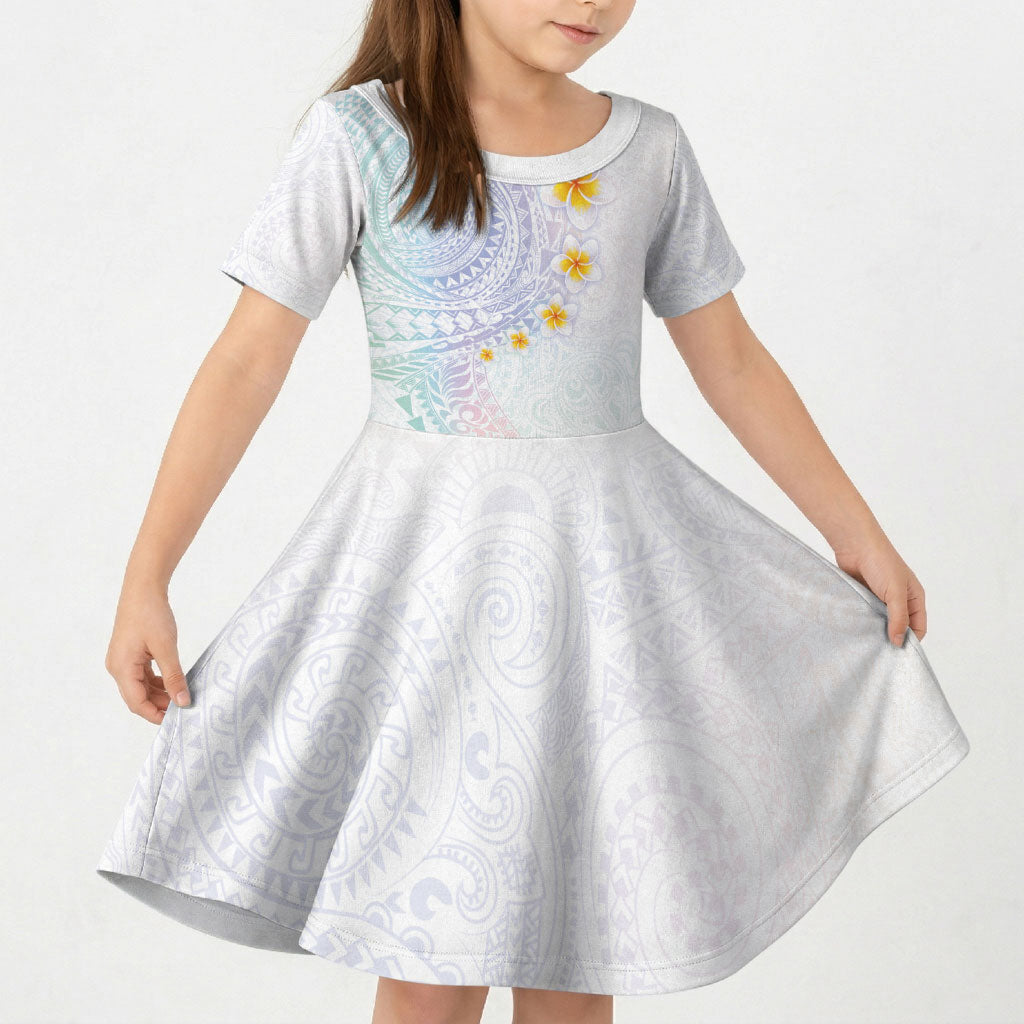 Hawaiian Tribal Tattoo and Plumeria Kid Short Sleeve Dress Polynesian Pattern Sweet LT03 KID White - Polynesian Pride