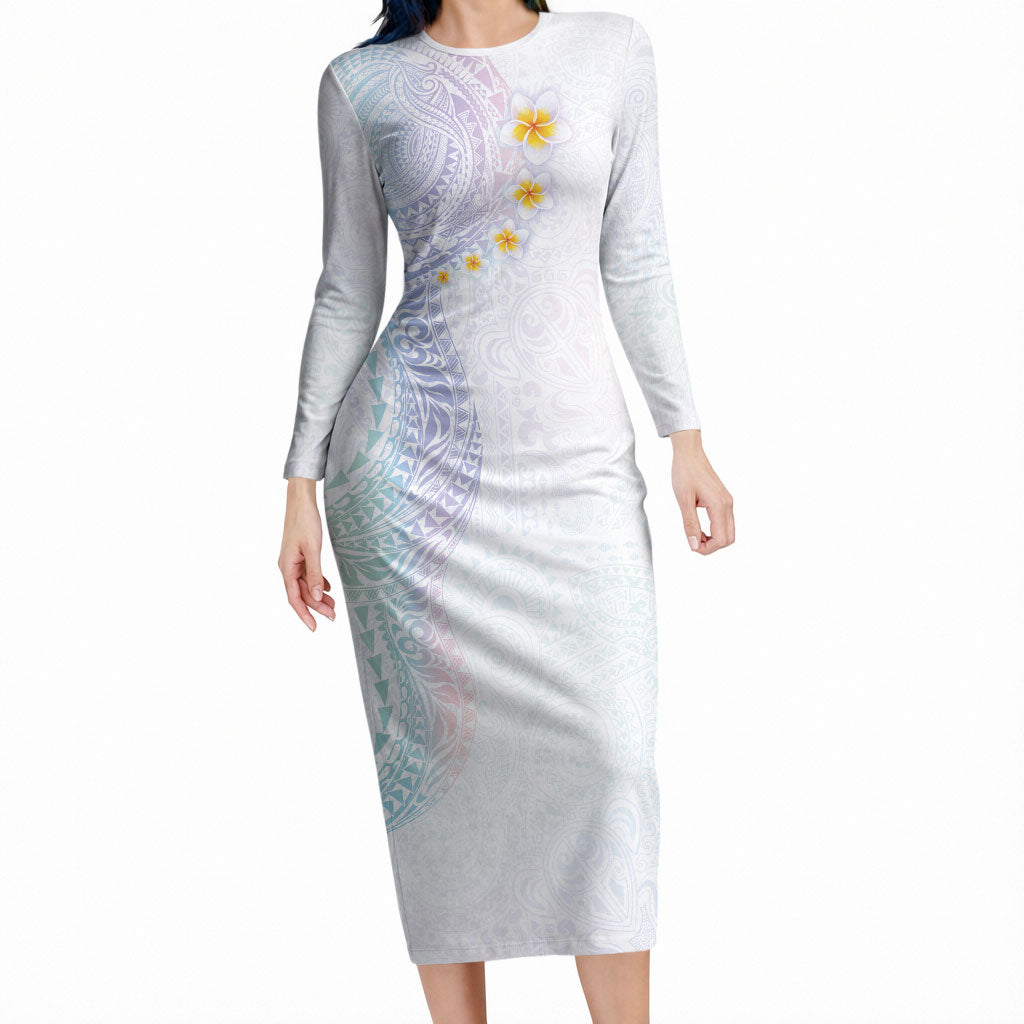 Hawaiian Tribal Tattoo and Plumeria Long Sleeve Bodycon Dress Polynesian Pattern Sweet