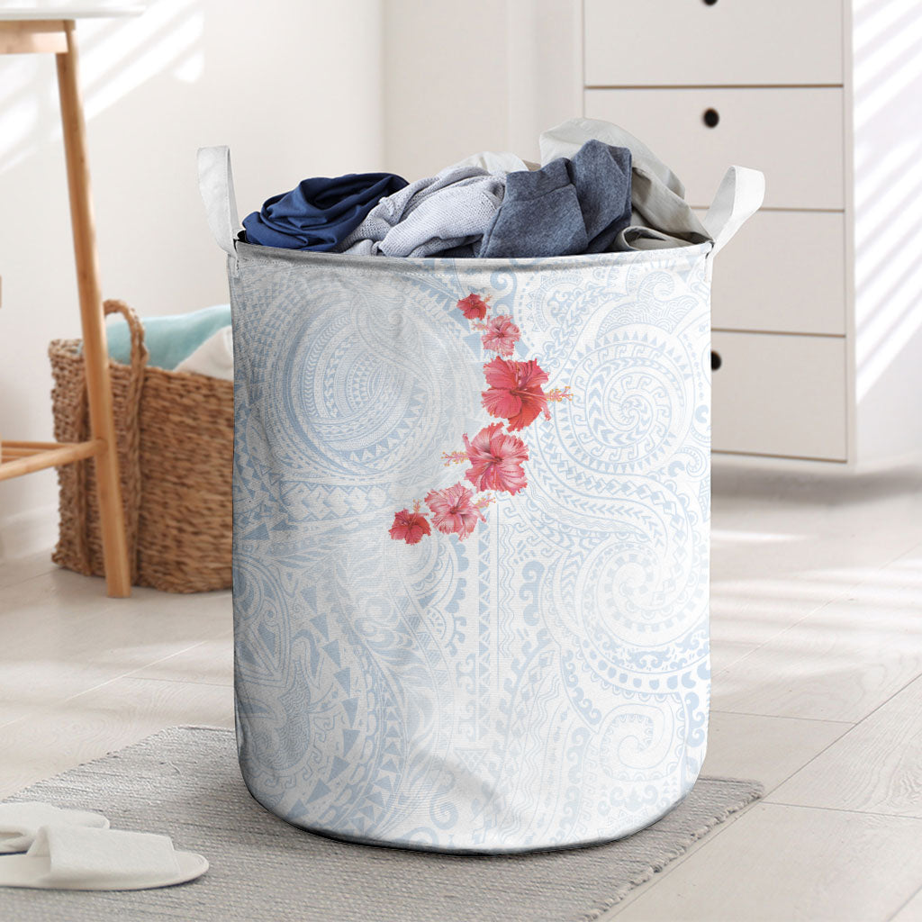 Hawaiian Tribal Tattoo and Hibiscus Laundry Basket Polynesian Pattern Airy White Blue Cloud LT03 White - Polynesian Pride