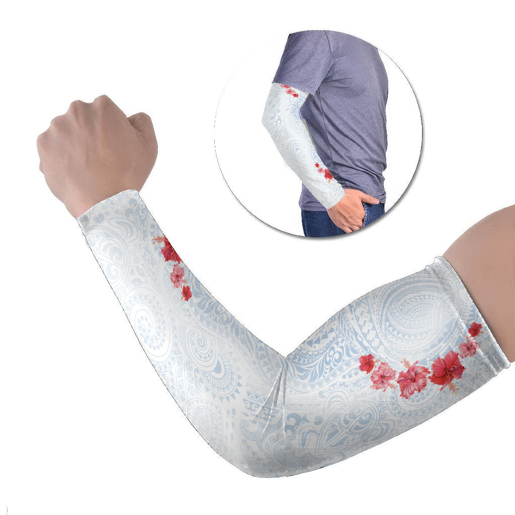 Hawaiian Tribal Tattoo and Hibiscus Arm Sleeves Polynesian Pattern Airy White Blue Cloud LT03 Set of 2 White - Polynesian Pride