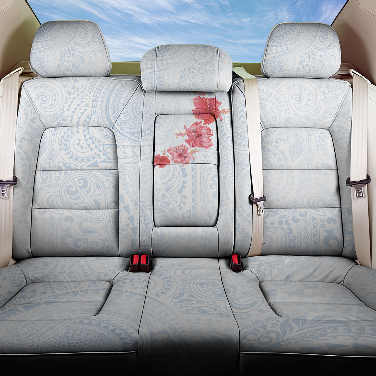 Hawaiian Tribal Tattoo and Hibiscus Back Car Seat Cover Polynesian Pattern Airy White Blue Cloud LT03 One Size White - Polynesian Pride