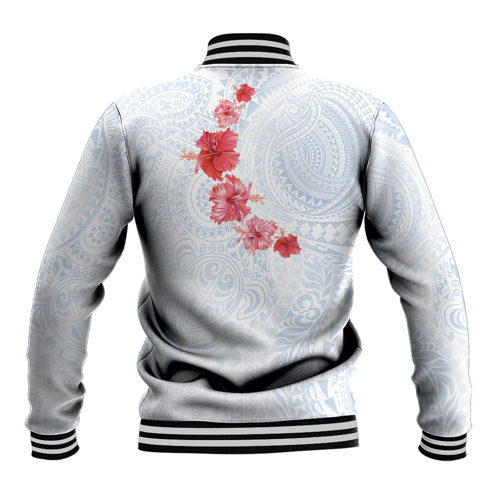 Hawaiian Tribal Tattoo and Hibiscus Baseball Jacket Polynesian Pattern Airy White Blue Cloud