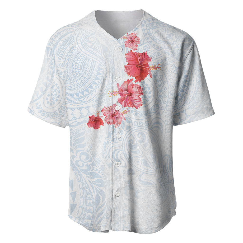 Hawaiian Tribal Tattoo and Hibiscus Baseball Jersey Polynesian Pattern Airy White Blue Cloud LT03 White - Polynesian Pride