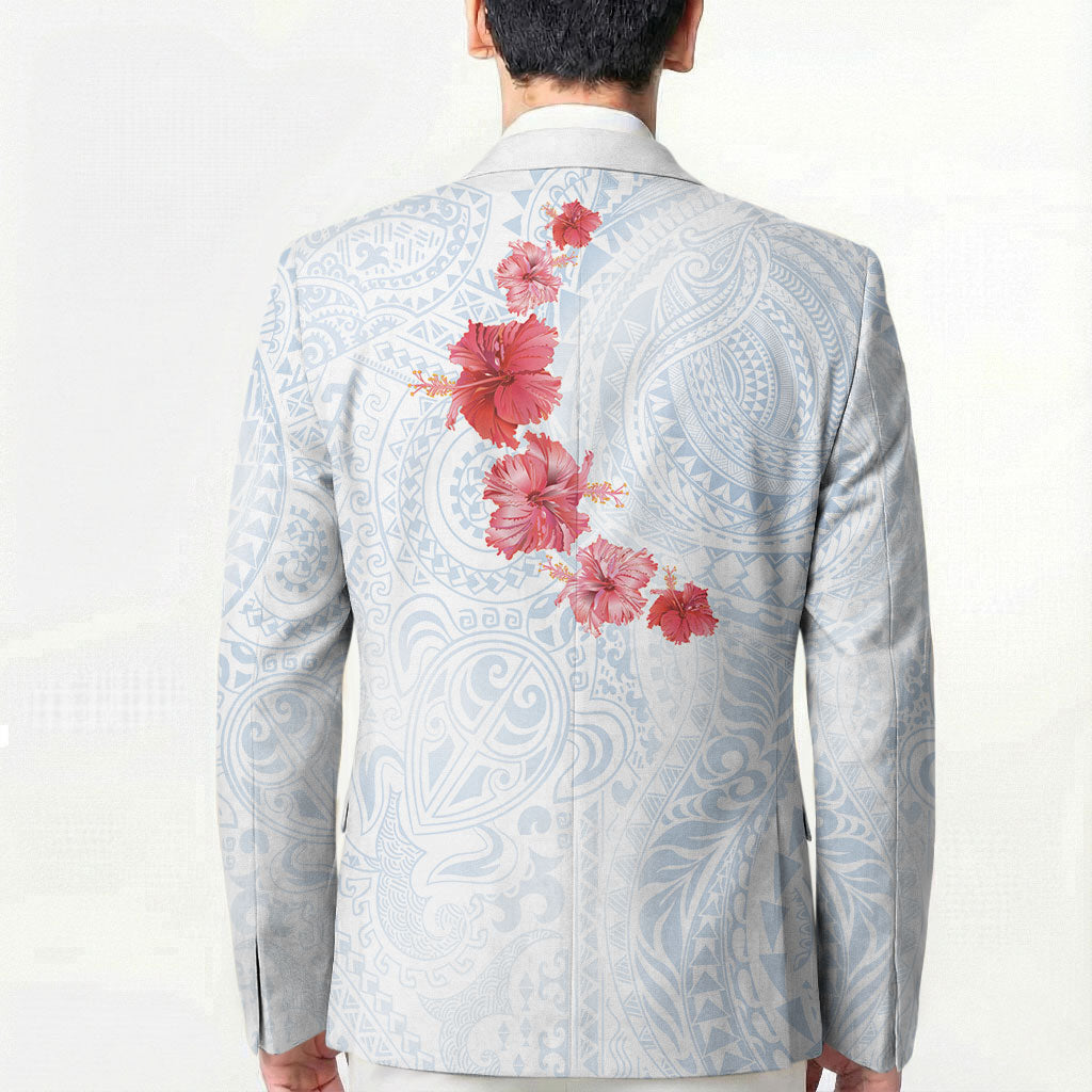 Hawaiian Tribal Tattoo and Hibiscus Blazer Polynesian Pattern Airy White Blue Cloud