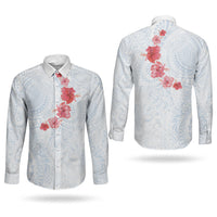 Hawaiian Tribal Tattoo and Hibiscus Couples Matching Summer Maxi Dress and Long Sleeve Button Shirt Polynesian Pattern Airy White Blue Cloud LT03 - Polynesian Pride
