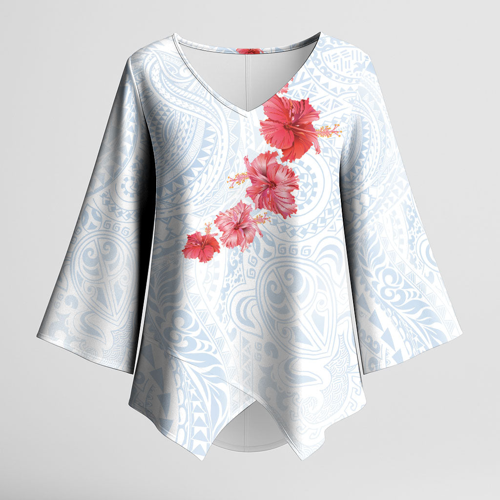 Hawaiian Tribal Tattoo and Hibiscus Kimono Sleeve Blouse Polynesian Pattern Airy White Blue Cloud LT03 Female White - Polynesian Pride