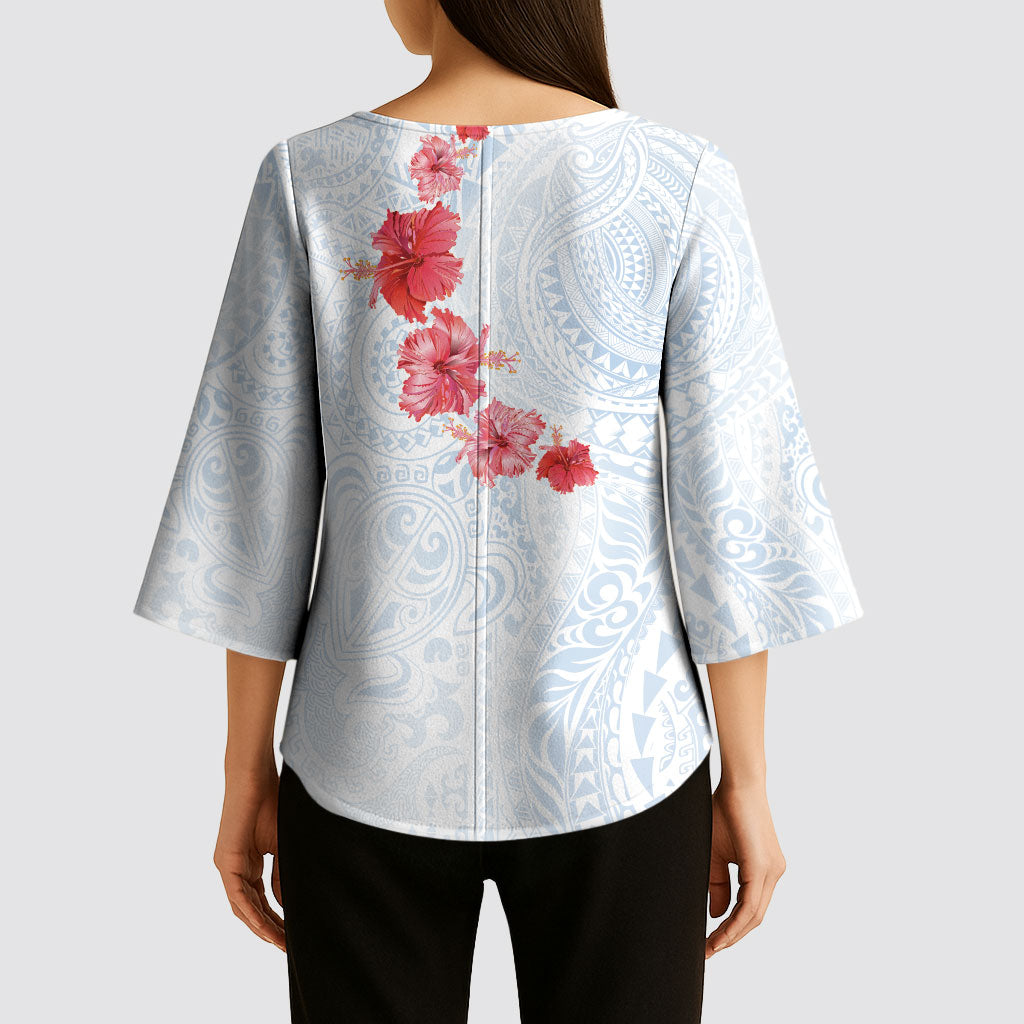 Hawaiian Tribal Tattoo and Hibiscus Kimono Sleeve Blouse Polynesian Pattern Airy White Blue Cloud