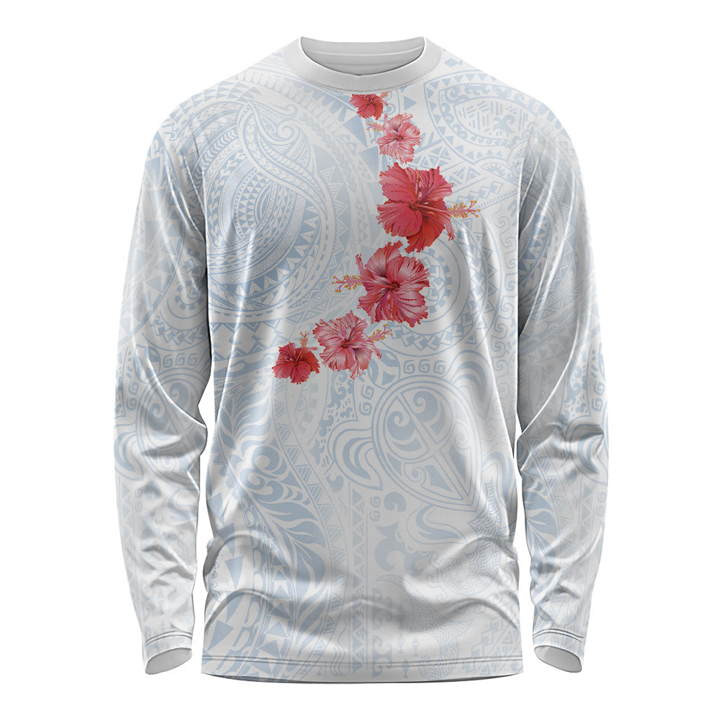 Hawaiian Tribal Tattoo and Hibiscus Long Sleeve Shirt Polynesian Pattern Airy White Blue Cloud LT03 Unisex White - Polynesian Pride