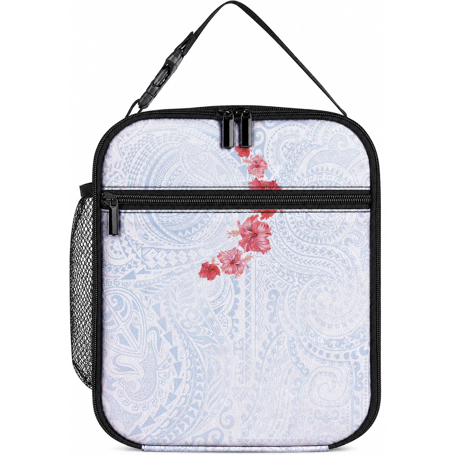 Hawaiian Tribal Tattoo and Hibiscus Lunch Bag Polynesian Pattern Airy White Blue Cloud