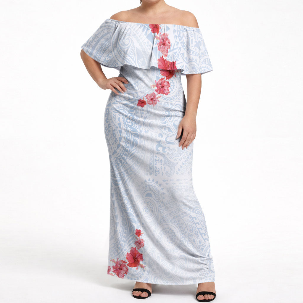 Hawaiian Tribal Tattoo and Hibiscus Off Shoulder Maxi Dress Polynesian Pattern Airy White Blue Cloud LT03 Women White - Polynesian Pride