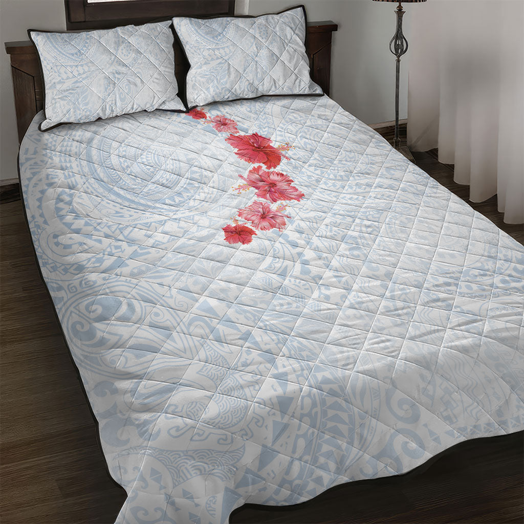 Hawaiian Tribal Tattoo and Hibiscus Quilt Bed Set Polynesian Pattern Airy White Blue Cloud LT03 White - Polynesian Pride