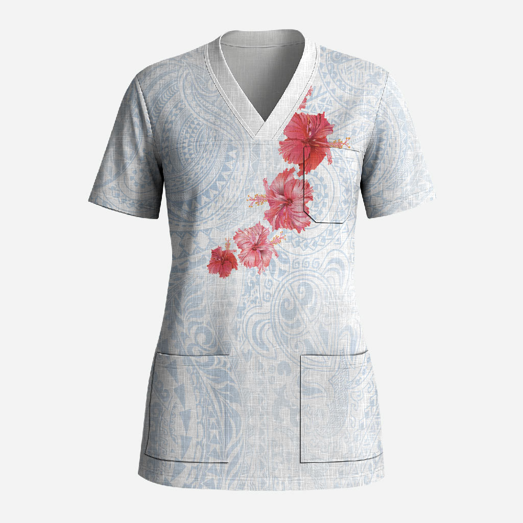 Hawaiian Tribal Tattoo and Hibiscus Scrub Top Polynesian Pattern Airy White Blue Cloud LT03 Adult White - Polynesian Pride