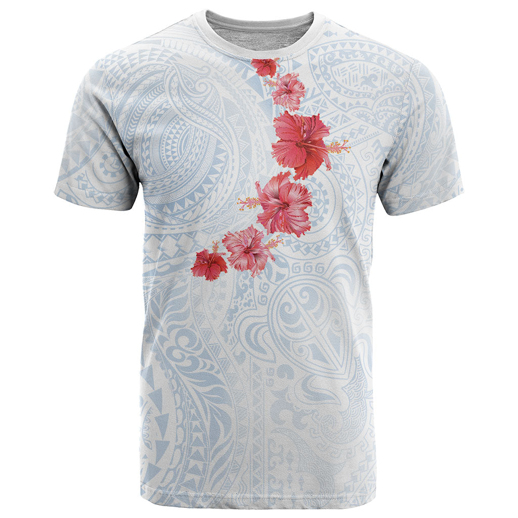 Hawaiian Tribal Tattoo and Hibiscus T Shirt Polynesian Pattern Airy White Blue Cloud LT03 White - Polynesian Pride