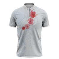 Hawaiian Tribal Tattoo and Hibiscus Zipper Polo Shirt Polynesian Pattern Airy White Blue Cloud LT03 White - Polynesian Pride