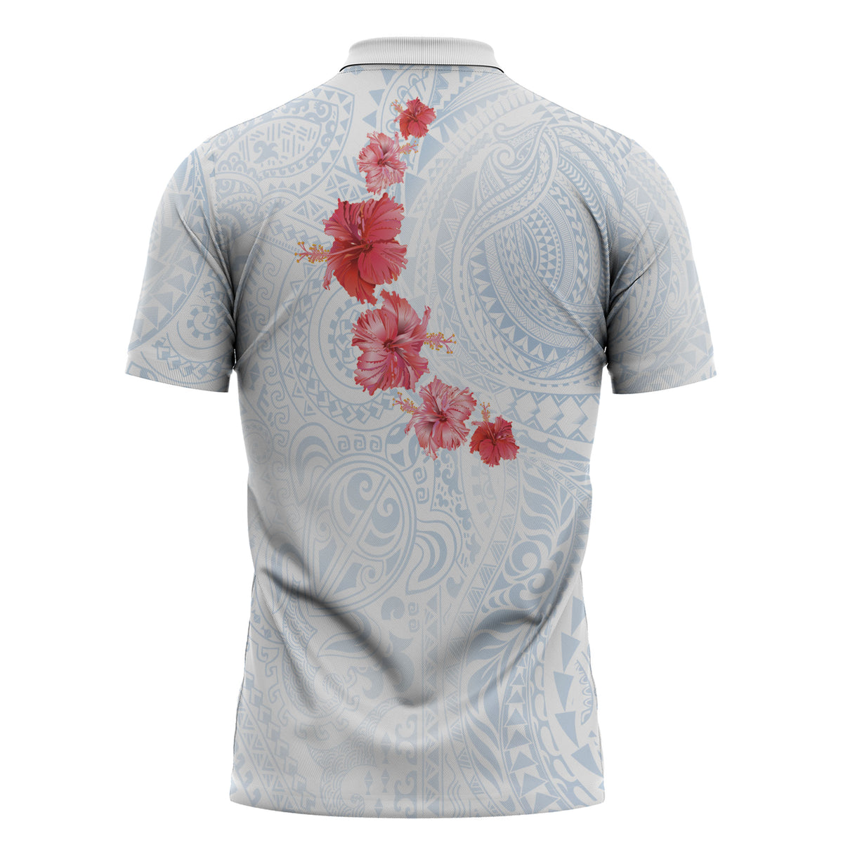 Hawaiian Tribal Tattoo and Hibiscus Zipper Polo Shirt Polynesian Pattern Airy White Blue Cloud LT03 - Polynesian Pride