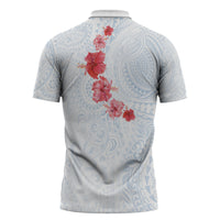 Hawaiian Tribal Tattoo and Hibiscus Zipper Polo Shirt Polynesian Pattern Airy White Blue Cloud LT03 - Polynesian Pride