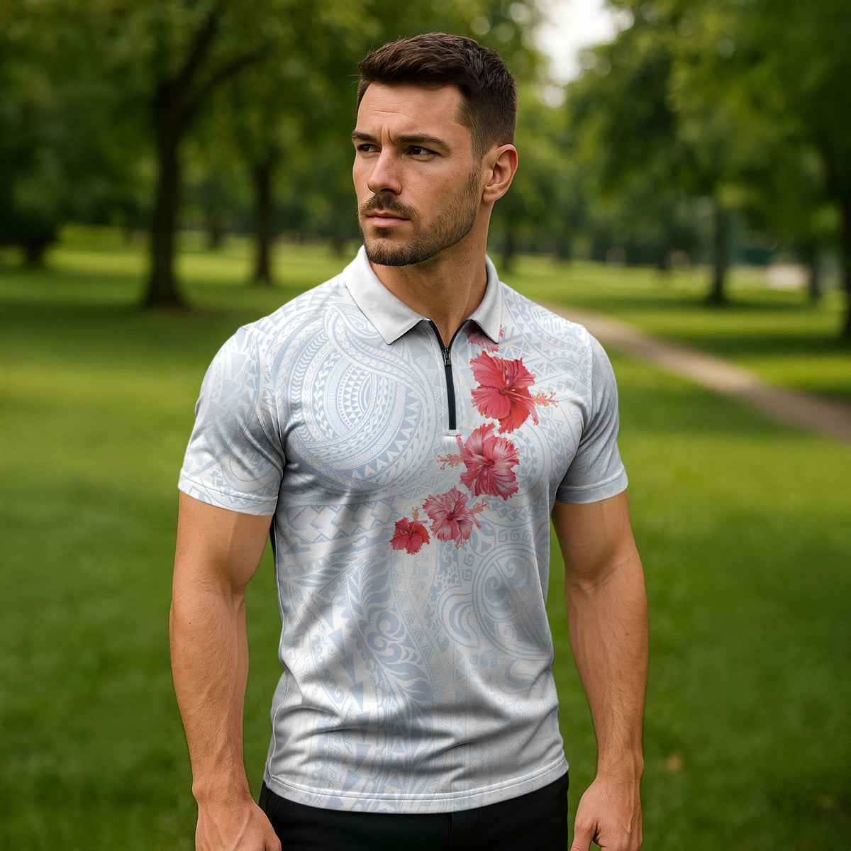 Hawaiian Tribal Tattoo and Hibiscus Zipper Polo Shirt Polynesian Pattern Airy White Blue Cloud LT03 - Polynesian Pride