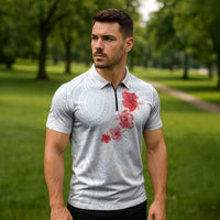 Hawaiian Tribal Tattoo and Hibiscus Zipper Polo Shirt Polynesian Pattern Airy White Blue Cloud LT03 - Polynesian Pride