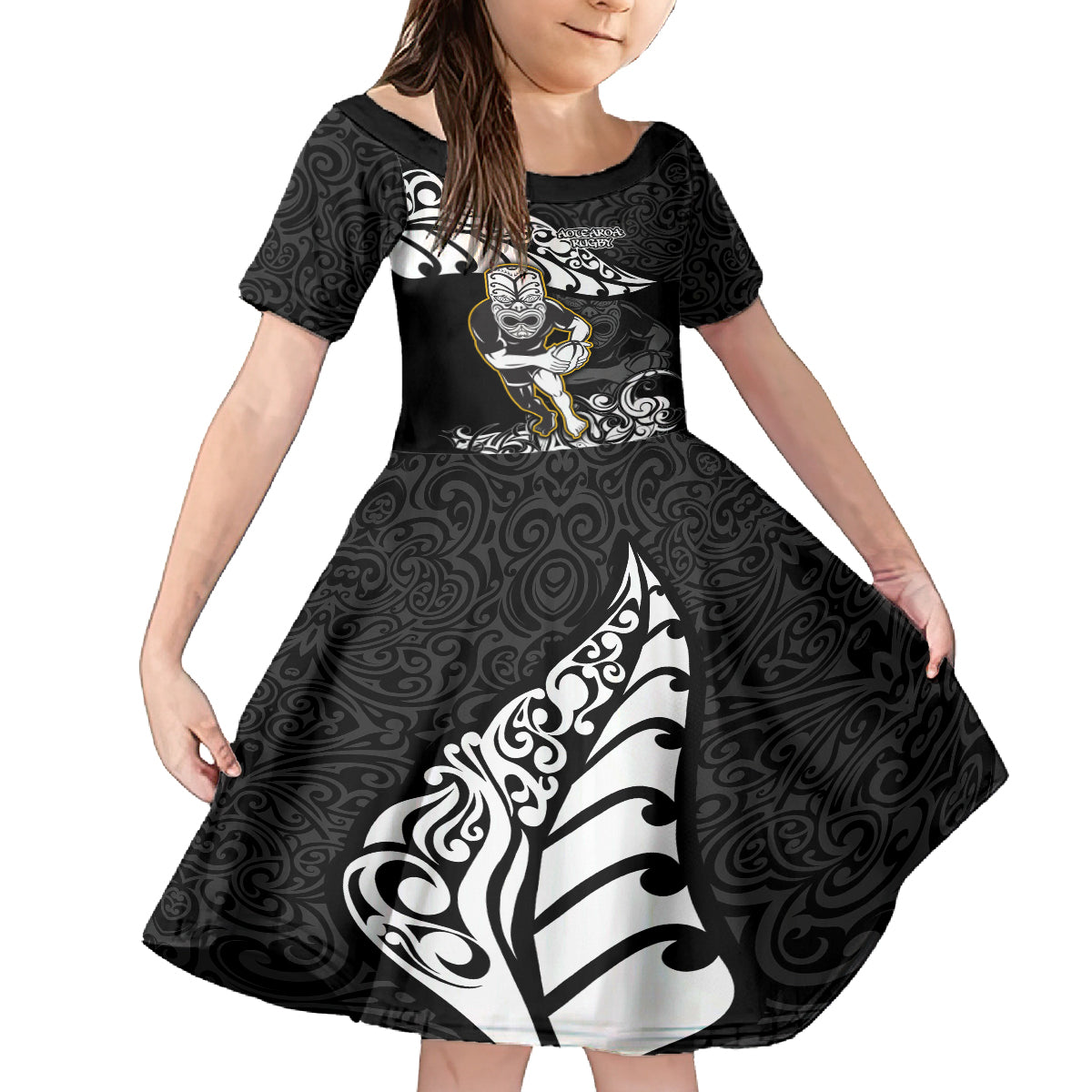 New Zealand Rugby Kid Short Sleeve Dress Maori Warrior Rugby Silver Fern Tribal Pattern LT03 KID Black - Polynesian Pride