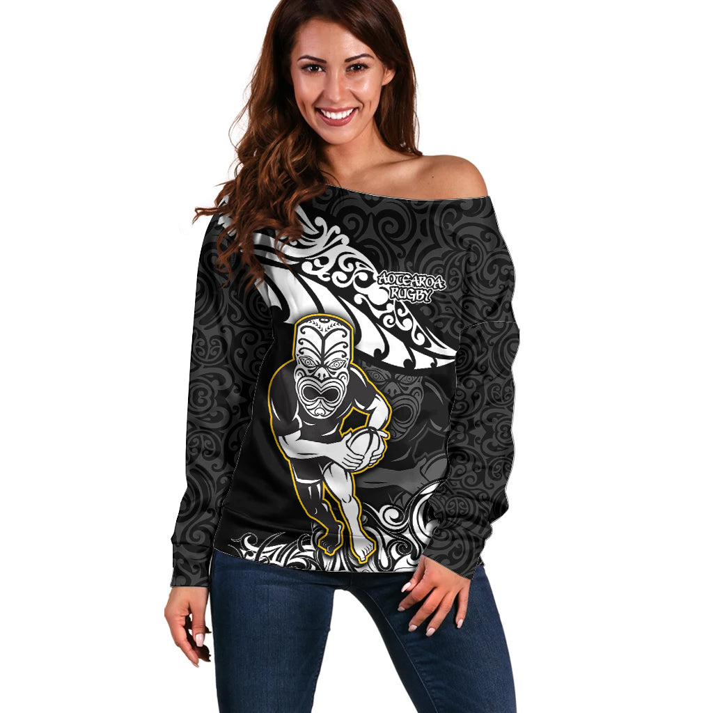 New Zealand Rugby Off Shoulder Sweater Maori Warrior Rugby Silver Fern Tribal Pattern LT03 Women Black - Polynesian Pride