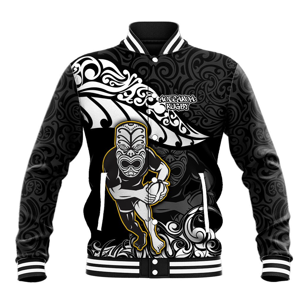 Custom New Zealand Rugby Baseball Jacket Maori Warrior Rugby Silver Fern Tribal Pattern LT03 Unisex Black - Polynesian Pride