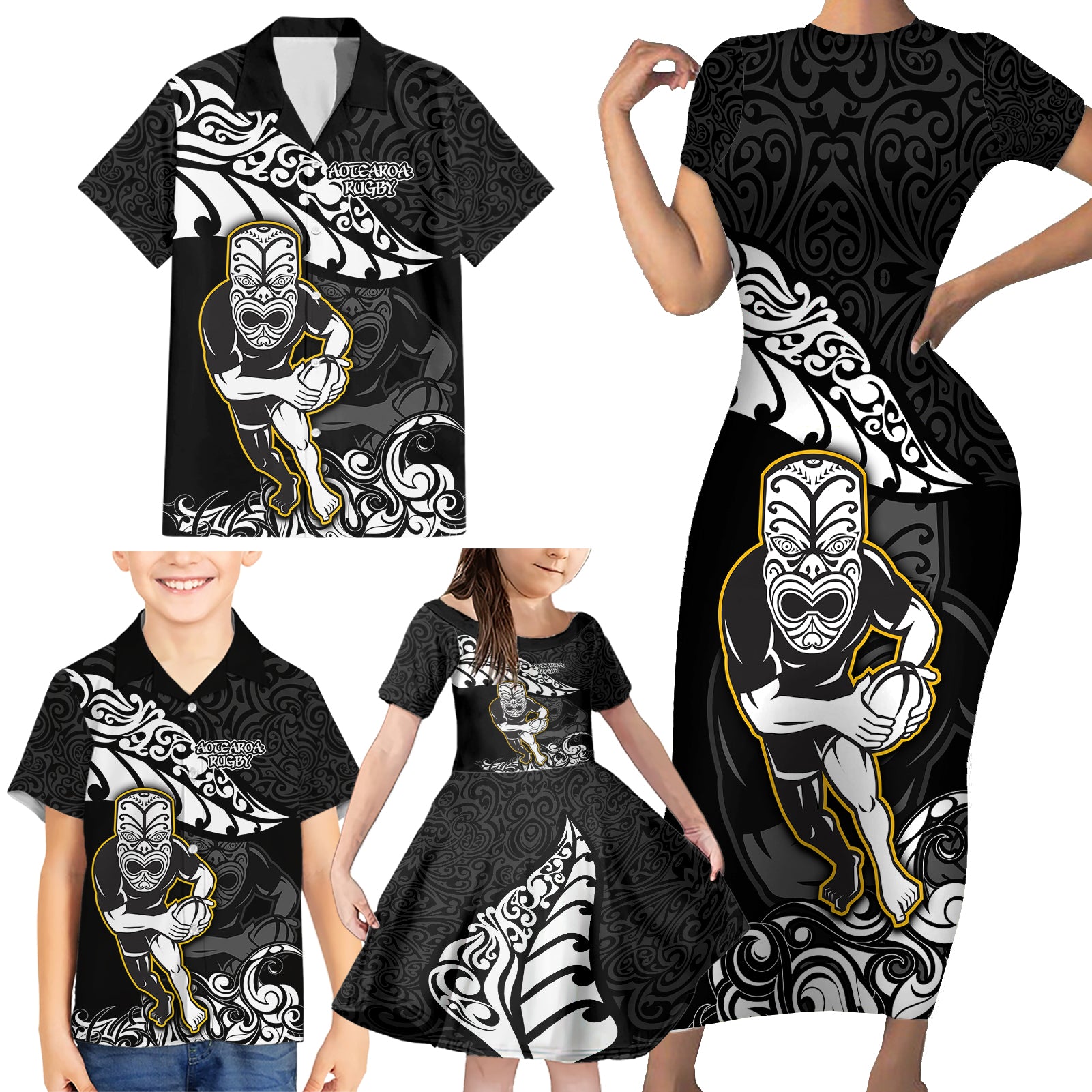 custom-new-zealand-rugby-family-matching-short-sleeve-bodycon-dress-and-hawaiian-shirt-maori-warrior-rugby-silver-fern-tribal-pattern