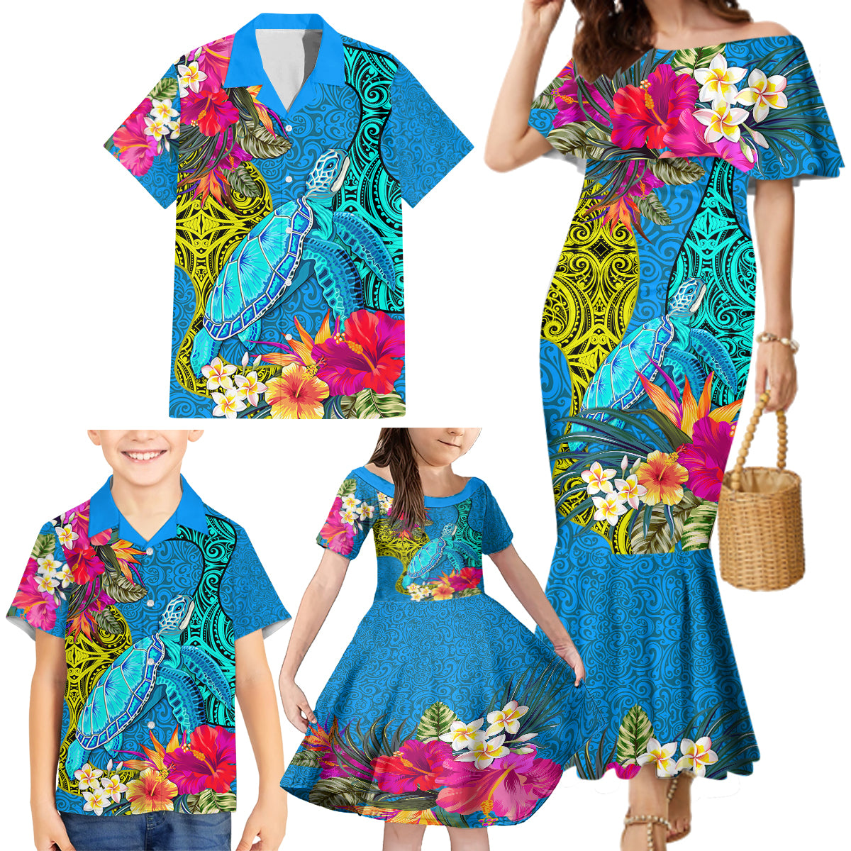 polynesian-family-matching-mermaid-dress-and-hawaiian-shirt-the-turtle-jung-flower-with-maori-pattern-ethnic-style