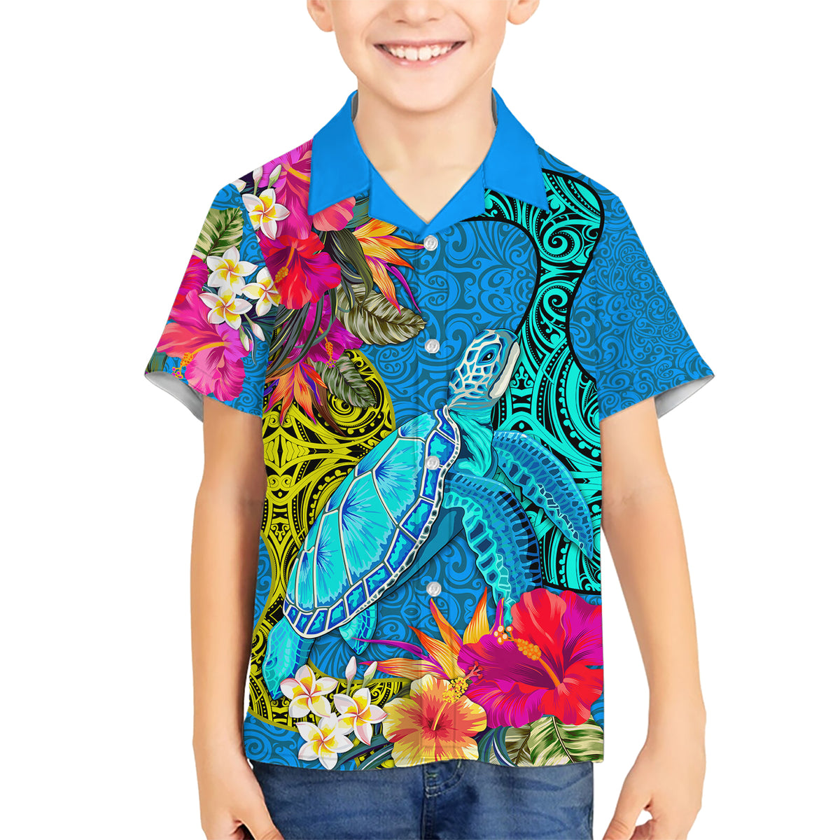 Polynesian Kid Hawaiian Shirt The Turtle Jung Flower with Maori Pattern Ethnic Style LT03 Kid Blue - Polynesian Pride