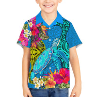 Polynesian Kid Hawaiian Shirt The Turtle Jung Flower with Maori Pattern Ethnic Style LT03 Kid Blue - Polynesian Pride