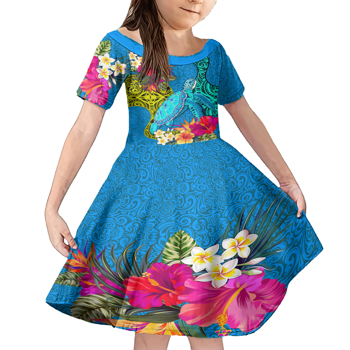 Polynesian Kid Short Sleeve Dress The Turtle Jung Flower with Maori Pattern Ethnic Style LT03 KID Blue - Polynesian Pride