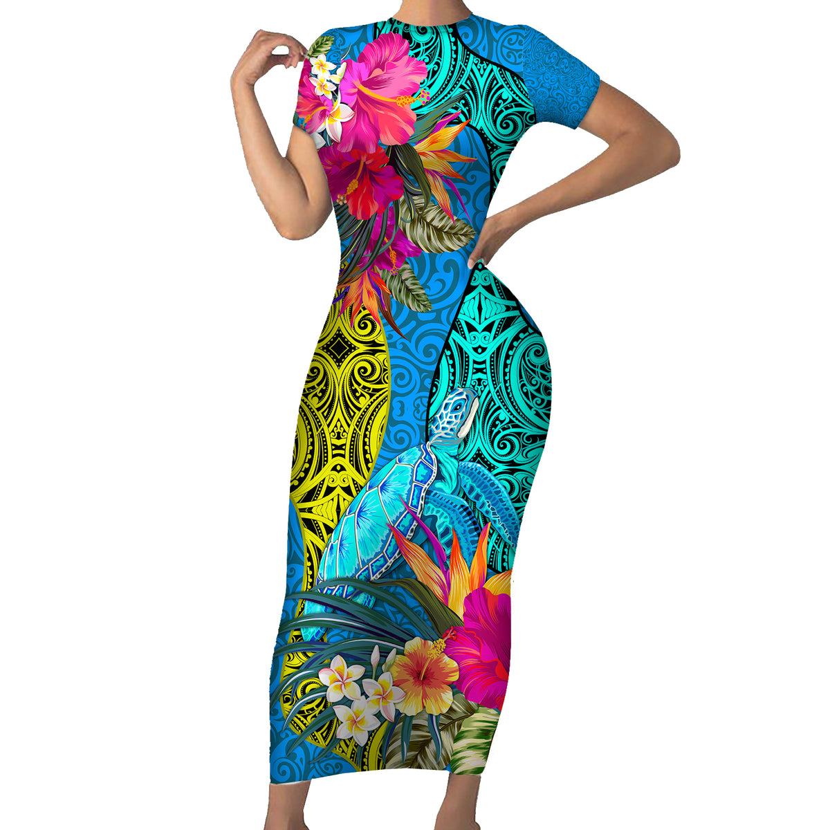 Polynesian Short Sleeve Bodycon Dress The Turtle Jung Flower with Maori Pattern Ethnic Style LT03 Long Dress Blue - Polynesian Pride