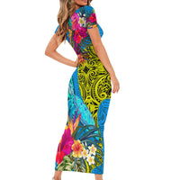 Polynesian Short Sleeve Bodycon Dress The Turtle Jung Flower with Maori Pattern Ethnic Style LT03 - Polynesian Pride