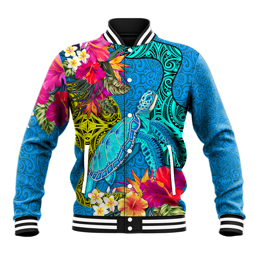 Custom Polynesian Baseball Jacket The Turtle Jung Flower with Maori Pattern Ethnic Style LT03 Unisex Blue - Polynesian Pride