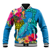 Custom Polynesian Baseball Jacket The Turtle Jung Flower with Maori Pattern Ethnic Style LT03 Unisex Blue - Polynesian Pride