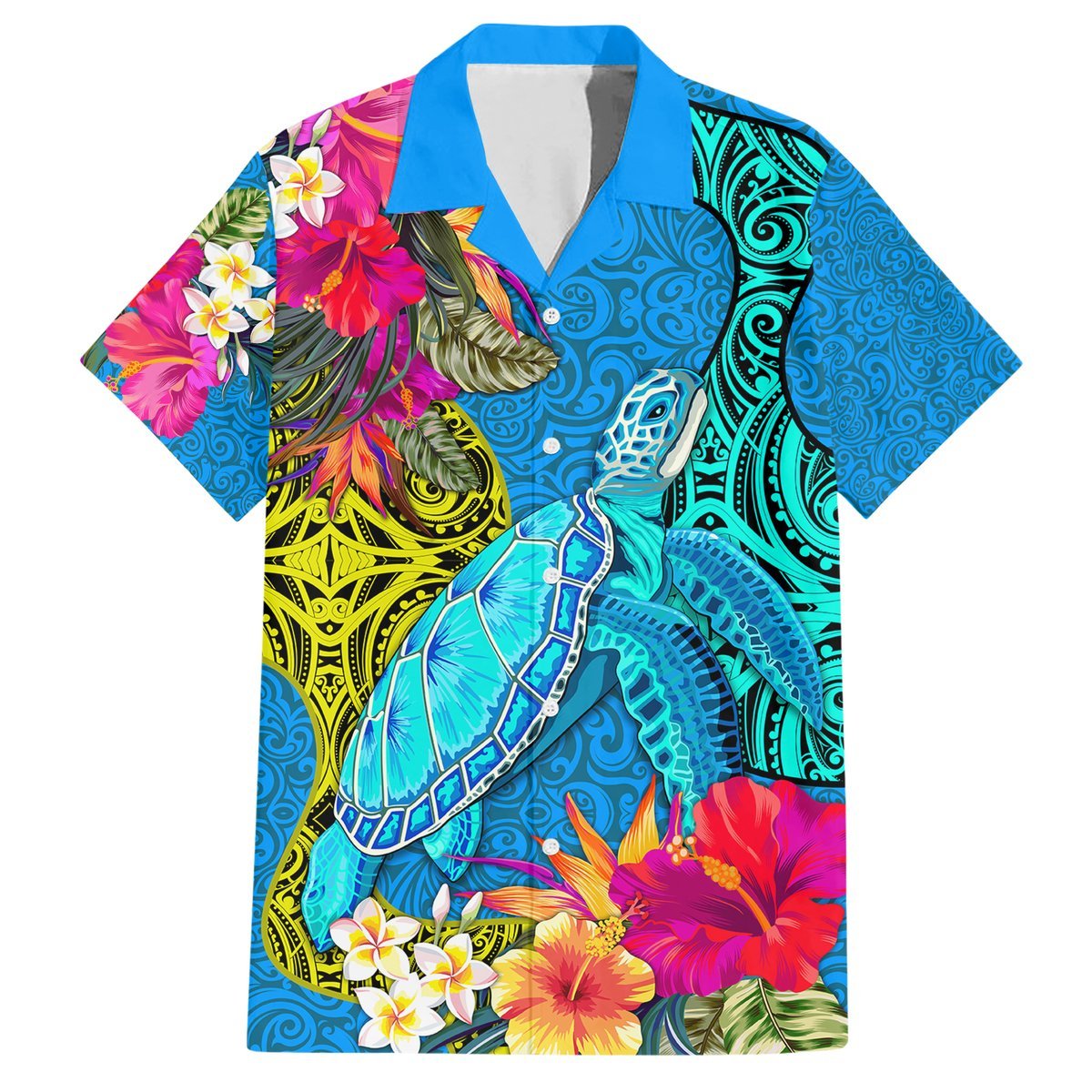 Custom Polynesian Hawaiian Shirt The Turtle Jung Flower with Maori Pattern Ethnic Style LT03 Blue - Polynesian Pride