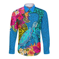 Custom Polynesian Long Sleeve Button Shirt The Turtle Jung Flower with Maori Pattern Ethnic Style LT03 Unisex Blue - Polynesian Pride