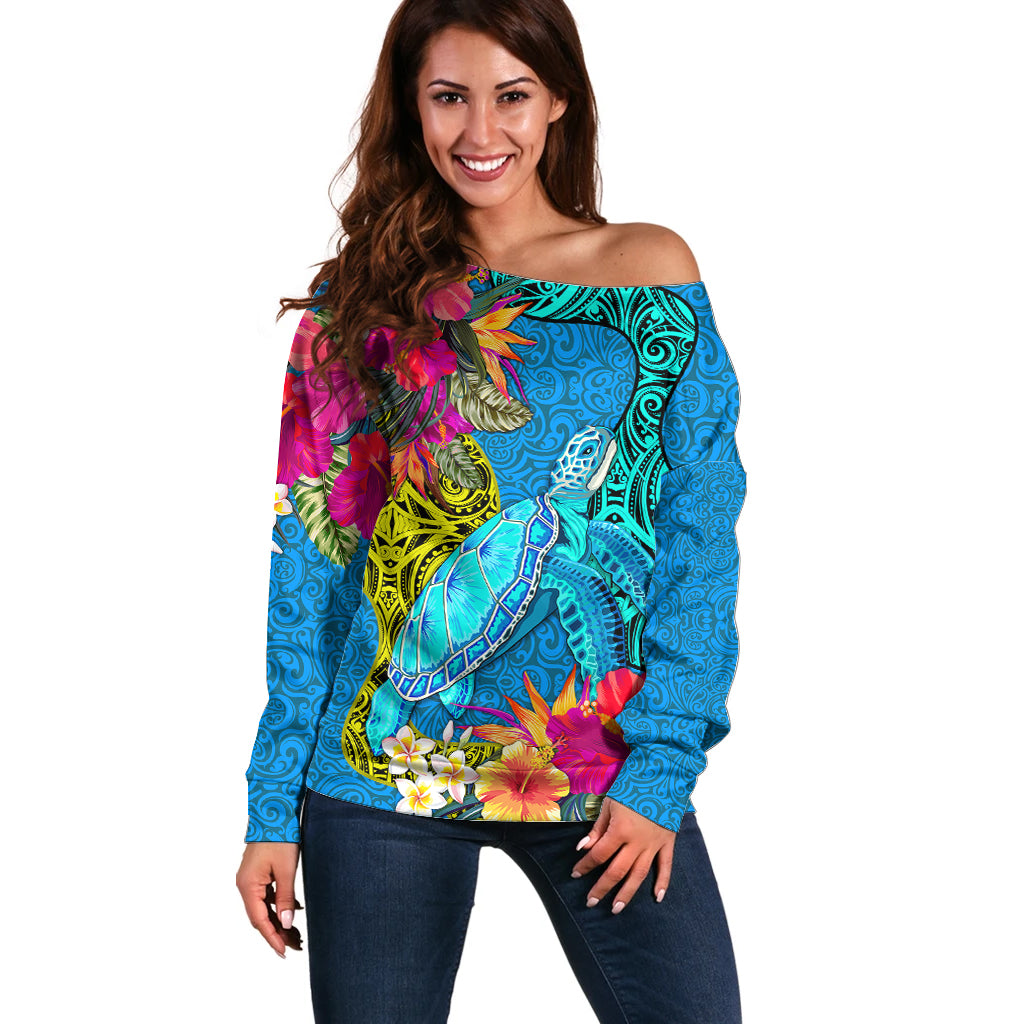 Custom Polynesian Off Shoulder Sweater The Turtle Jung Flower with Maori Pattern Ethnic Style LT03 Women Blue - Polynesian Pride