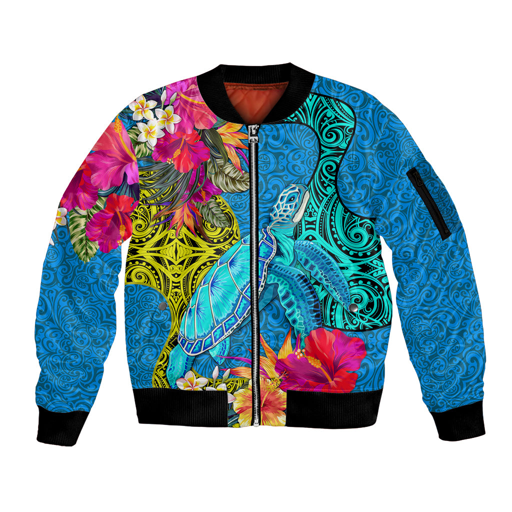 Custom Polynesian Sleeve Zip Bomber Jacket The Turtle Jung Flower with Maori Pattern Ethnic Style LT03 Unisex Blue - Polynesian Pride