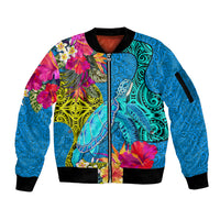 Custom Polynesian Sleeve Zip Bomber Jacket The Turtle Jung Flower with Maori Pattern Ethnic Style LT03 Unisex Blue - Polynesian Pride