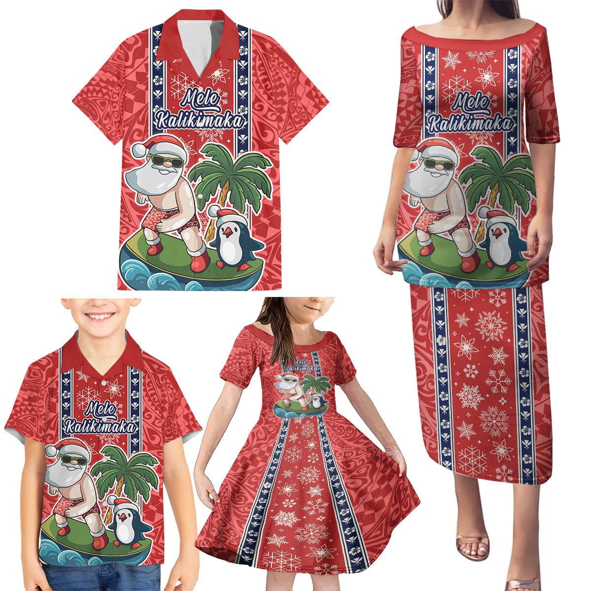 Custom Hawaii Christmas Family Matching Puletasi Dress and Hawaiian Shirt The Santa Surfing Hawaii Xmas Style LT03 - Polynesian Pride