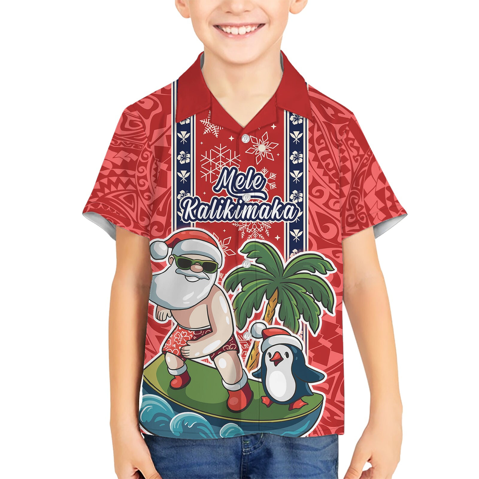 Custom Hawaii Christmas Kid Hawaiian Shirt The Santa Surfing Hawaii Xmas Style LT03 Kid Red - Polynesian Pride