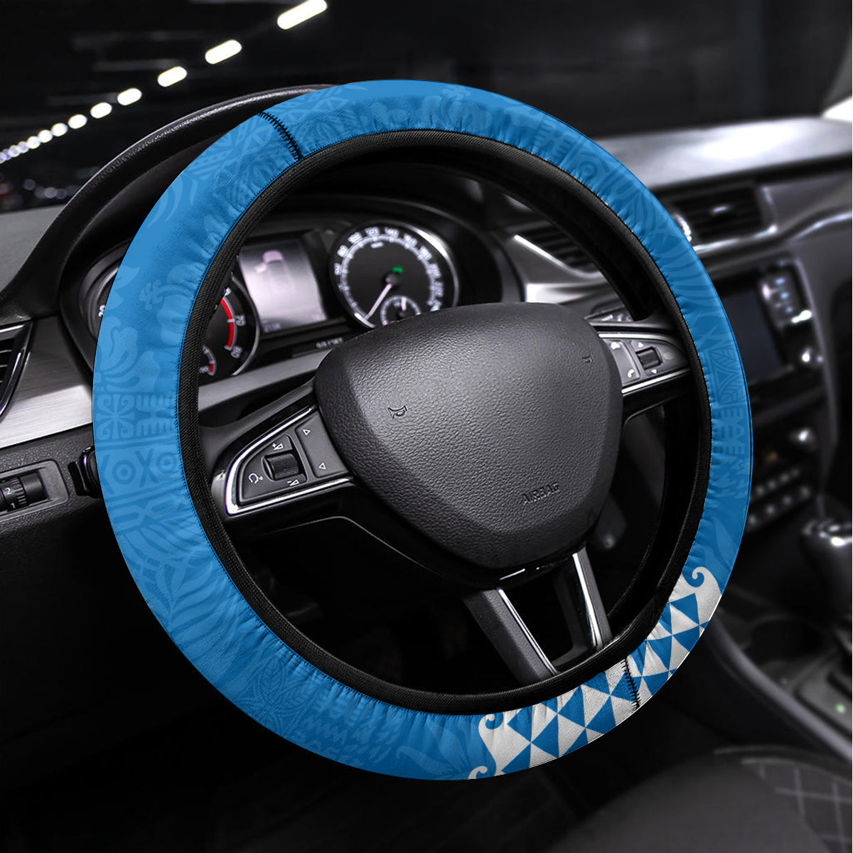 Hawaii Mele Kalikimaka Steering Wheel Cover Santa Riding The DolPhin Mix Kakau Pattern Blue Style