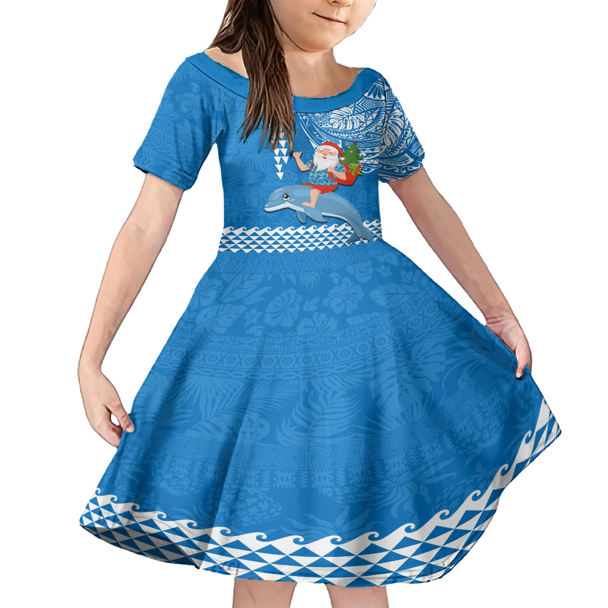 Custom Hawaii Mele Kalikimaka Kid Short Sleeve Dress Santa Riding The DolPhin Mix Kakau Pattern Blue Style LT03 KID Blue - Polynesian Pride