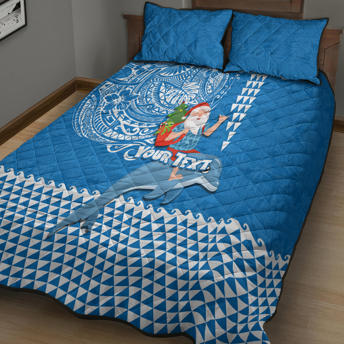 Custom Hawaii Mele Kalikimaka Quilt Bed Set Santa Riding The DolPhin Mix Kakau Pattern Blue Style LT03 - Polynesian Pride