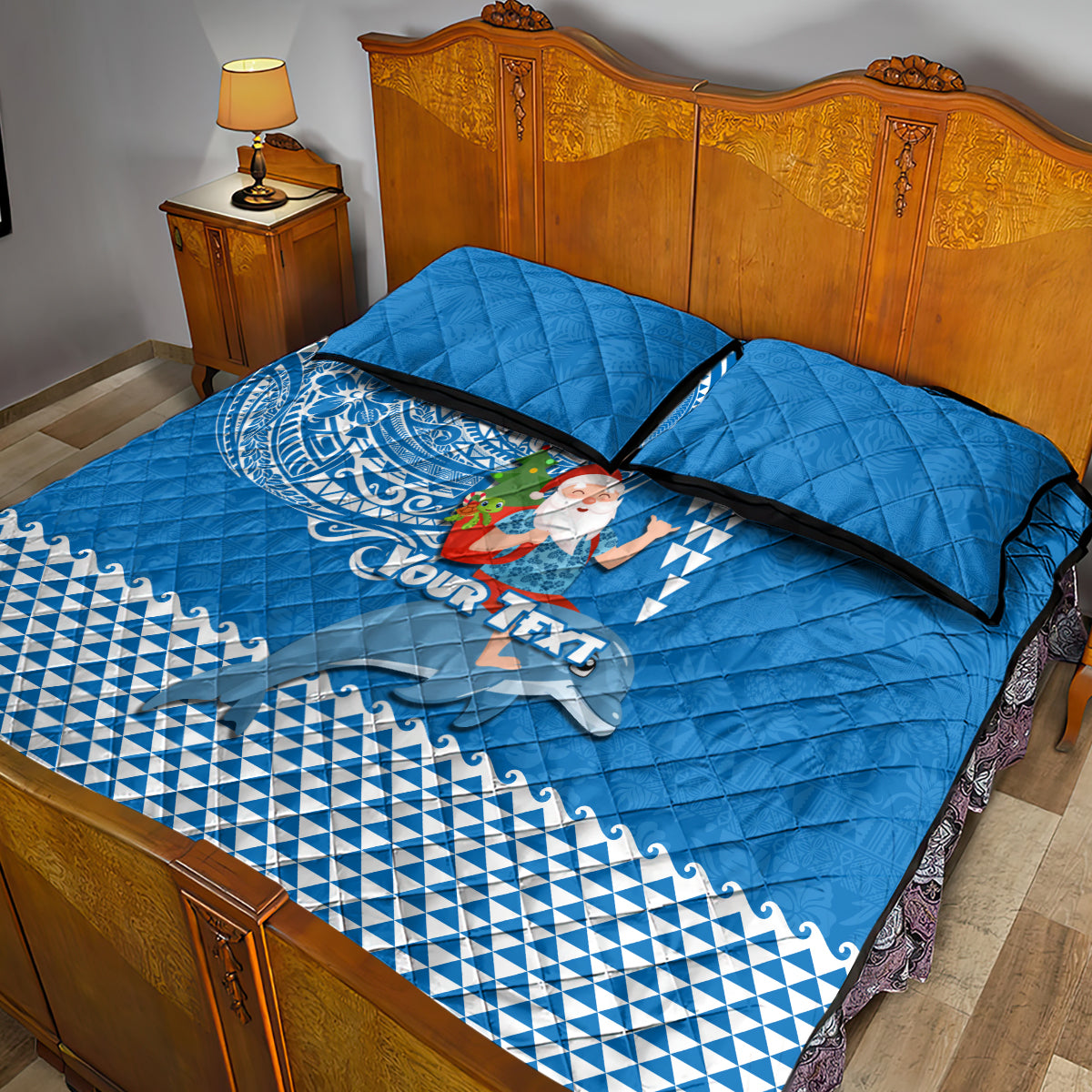Custom Hawaii Mele Kalikimaka Quilt Bed Set Santa Riding The DolPhin Mix Kakau Pattern Blue Style LT03 - Polynesian Pride