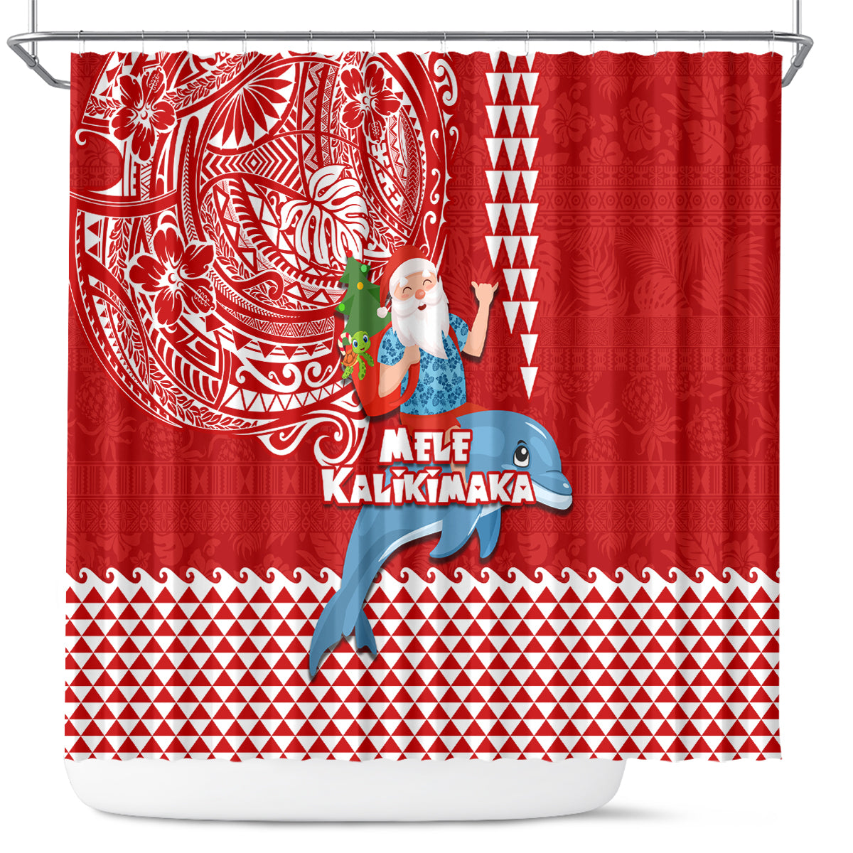 Hawaii Mele Kalikimaka Shower Curtain Santa Riding The DolPhin Mix Kakau Pattern Red Style LT03 Red - Polynesian Pride