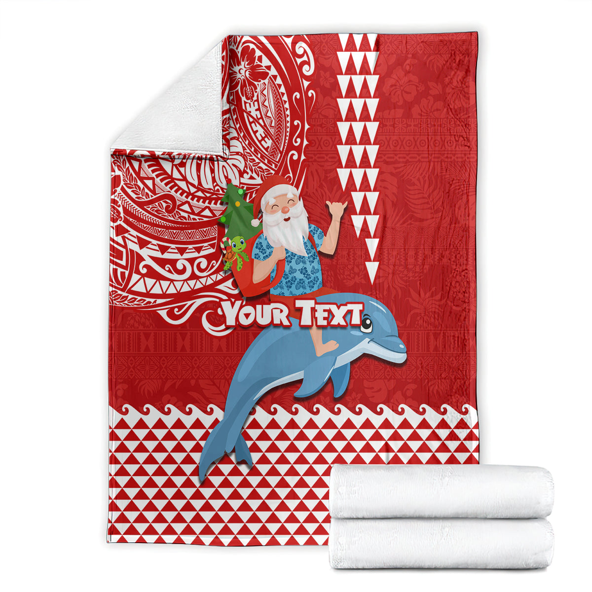 Custom Hawaii Mele Kalikimaka Blanket Santa Riding The DolPhin Mix Kakau Pattern Red Style LT03 - Polynesian Pride