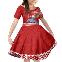 Custom Hawaii Mele Kalikimaka Kid Short Sleeve Dress Santa Riding The DolPhin Mix Kakau Pattern Red Style LT03 KID Red - Polynesian Pride